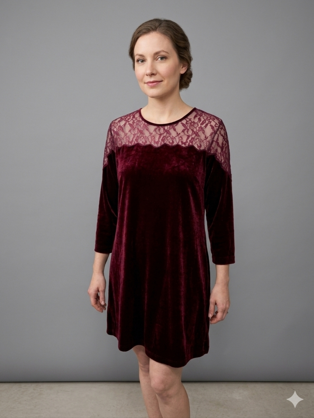 Joan Vass Cranberry Velvet Lace Yoke Tunic/ Mini Dress Sz 1/M